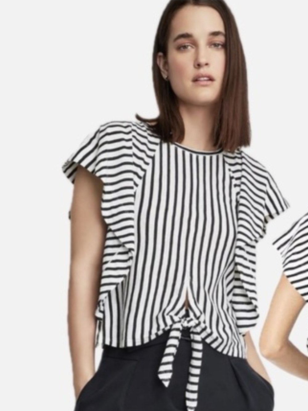 BCBGMaxAzria Black and White Striped Tie-Front Ruffle Sleeve Top